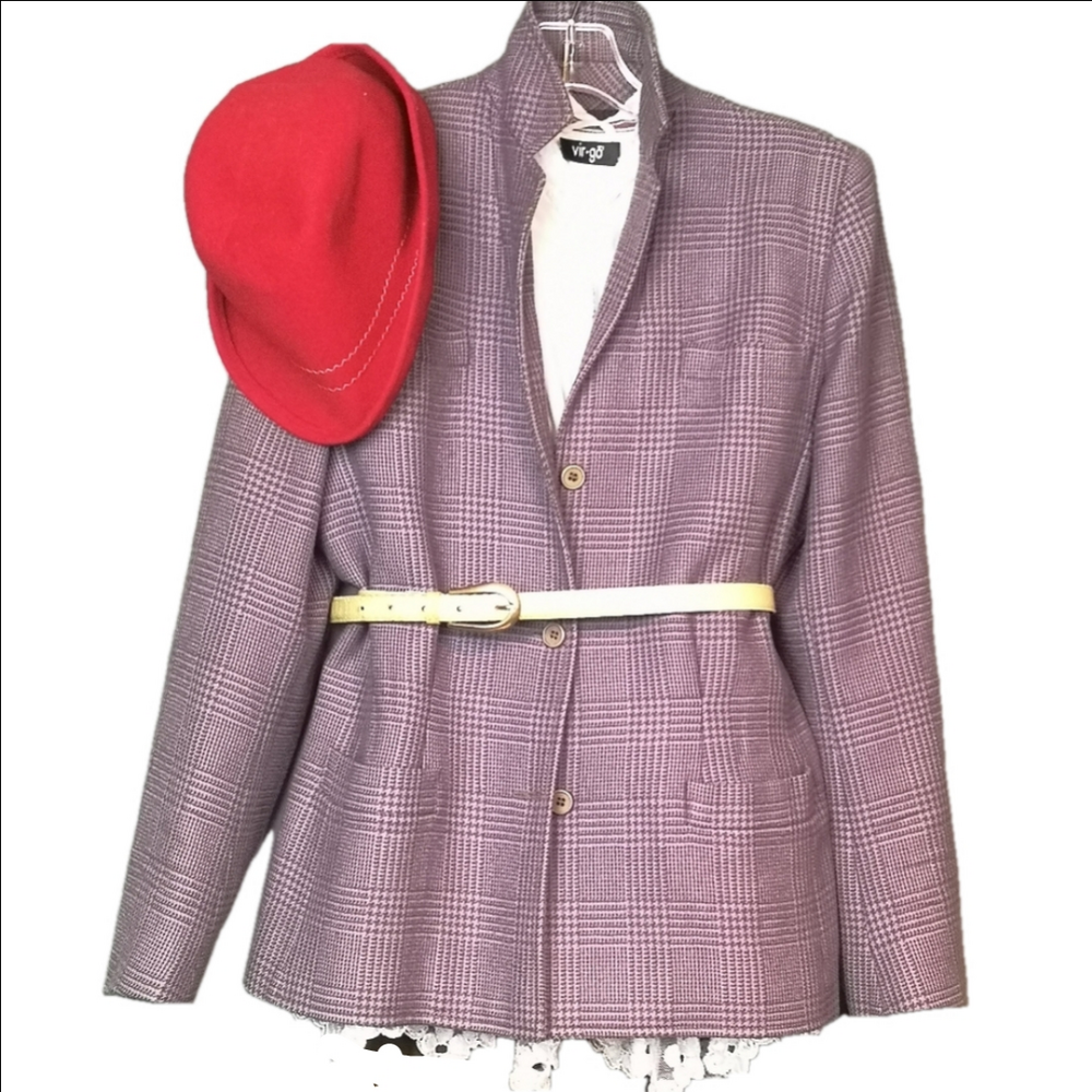 Vintage Guy LaRoche wool plaid glencheck mauve & tan oversized tailored jacket